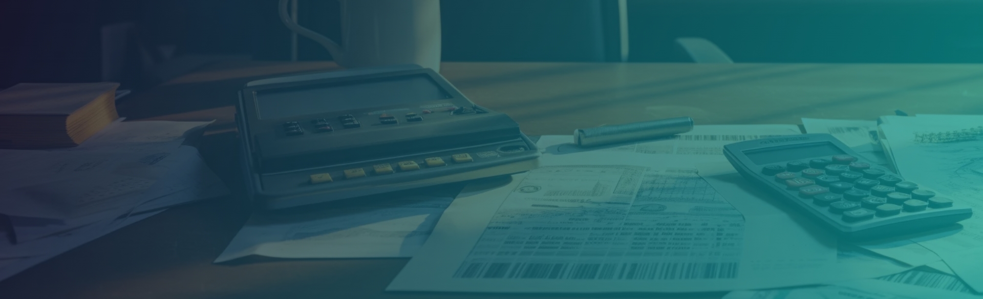 Financial Services paperwork with calculators and documents on desk